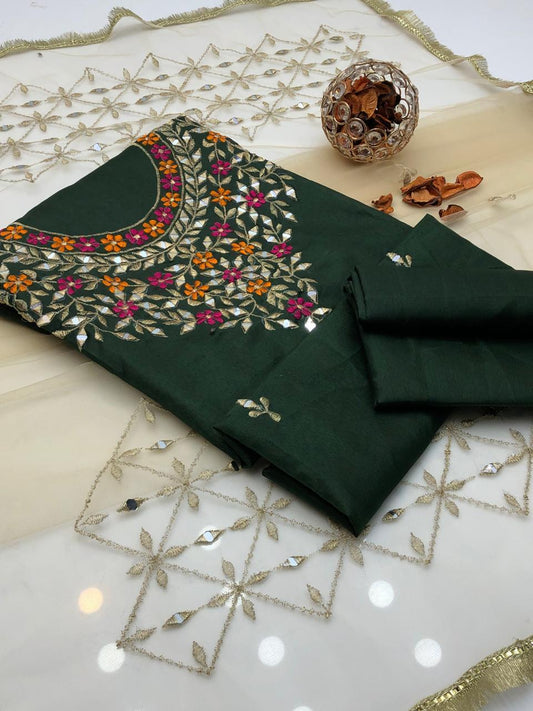 3 Piece Unstitched Katan Silk Hand Work Suit