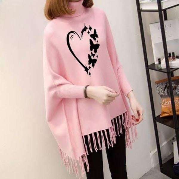 Fleece Heart Printed Poncho Cape Shawl