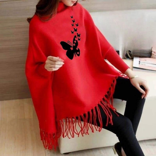 Fleece Heart Printed Poncho Cape Shawl